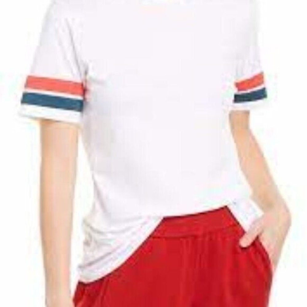 LNDR Womens White Striped Sleeve Short Sleeve T-Shirt XS